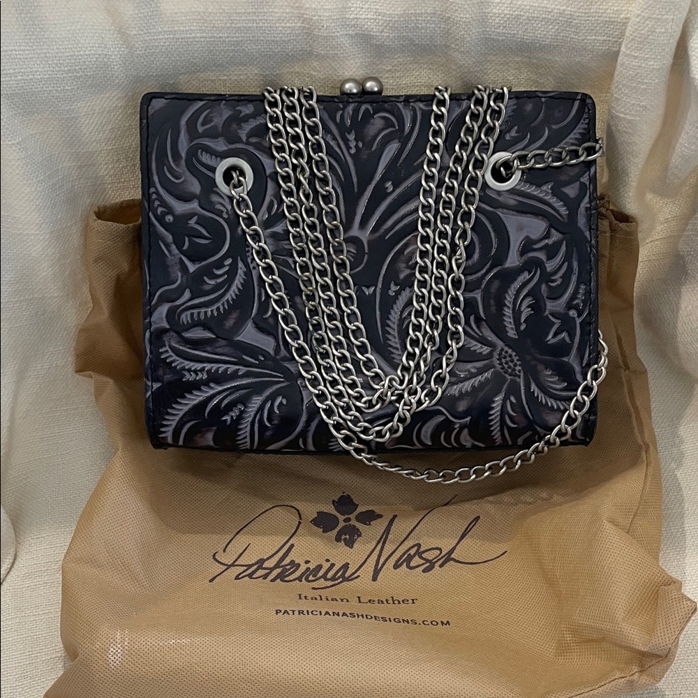 Patricia Nash Black Embossed Floral Leather Crossbody with Silver Chain